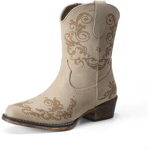 Dream Pairs Women's Beige Western Low Chunky Heels Square Toe Fall Ankle Boots